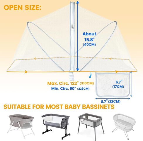 Orzbow Bassinet Cover for Cats - Breathable Mosquito Net Cover for Bassinets/Travel Cribs/Mini Cribs, Baby Mosquito Net to Keep Pets Out, with Two-Way Self-Locking Zippers and Storage Bag, White in Kuwait