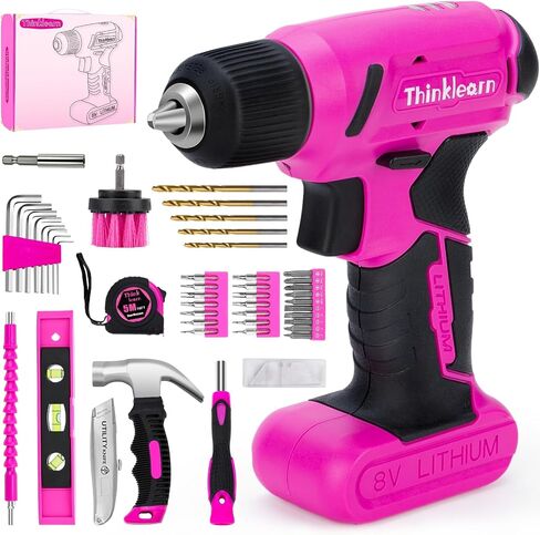 8V Pink Cordless Drill Set, 56 Pcs Power Drill Tool Kit for Women | 3/8"Keyless Chuck,USB Charging, Led Light, 10N.m torque & 300r/min, Gift for Women in Kuwait