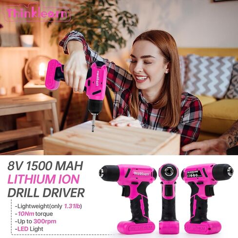 8V Pink Cordless Drill Set, 56 Pcs Power Drill Tool Kit for Women | 3/8"Keyless Chuck,USB Charging, Led Light, 10N.m torque & 300r/min, Gift for Women in Kuwait