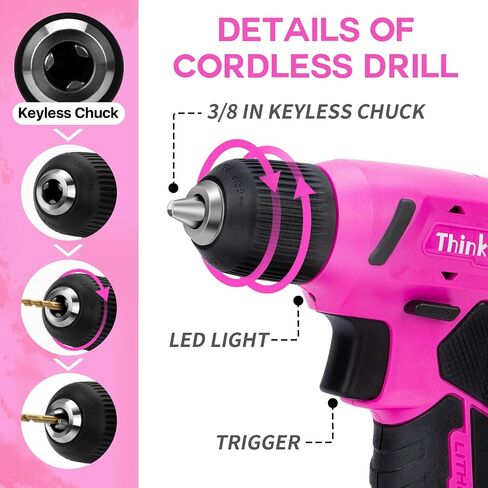 8V Pink Cordless Drill Set, 56 Pcs Power Drill Tool Kit for Women | 3/8"Keyless Chuck,USB Charging, Led Light, 10N.m torque & 300r/min, Gift for Women in Kuwait