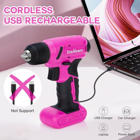 8V Pink Cordless Drill Set, 56 Pcs Power Drill Tool Kit for Women | 3/8"Keyless Chuck,USB Charging, Led Light, 10N.m torque & 300r/min, Gift for Women in Kuwait