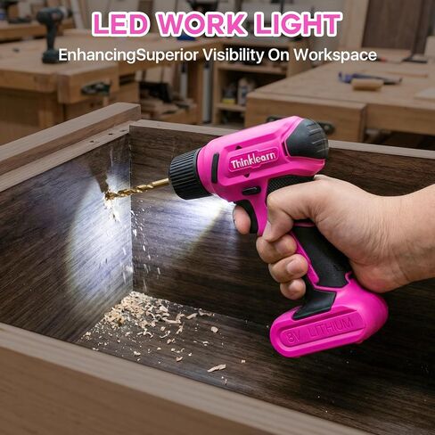 8V Pink Cordless Drill Set, 56 Pcs Power Drill Tool Kit for Women | 3/8"Keyless Chuck,USB Charging, Led Light, 10N.m torque & 300r/min, Gift for Women in Kuwait