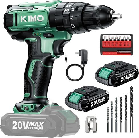 KIMO Cordless Hammer Drill Set with 20V 2.0Ah Battery 2 Packs, 21+3 Position, 0-1350 RPM, Max 350 In-lb Torque, 3/8" Keyless Chuck, 14pcs Accessories, Power Drill for Drilling Wood Bricks Walls Metal in Kuwait