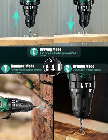 KIMO Cordless Hammer Drill Set with 20V 2.0Ah Battery 2 Packs, 21+3 Position, 0-1350 RPM, Max 350 In-lb Torque, 3/8" Keyless Chuck, 14pcs Accessories, Power Drill for Drilling Wood Bricks Walls Metal in Kuwait