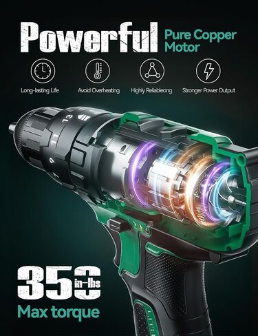 KIMO Cordless Hammer Drill Set with 20V 2.0Ah Battery 2 Packs, 21+3 Position, 0-1350 RPM, Max 350 In-lb Torque, 3/8" Keyless Chuck, 14pcs Accessories, Power Drill for Drilling Wood Bricks Walls Metal in Kuwait