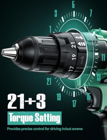 KIMO Cordless Hammer Drill Set with 20V 2.0Ah Battery 2 Packs, 21+3 Position, 0-1350 RPM, Max 350 In-lb Torque, 3/8" Keyless Chuck, 14pcs Accessories, Power Drill for Drilling Wood Bricks Walls Metal in Kuwait