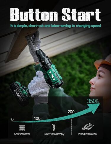 KIMO Cordless Hammer Drill Set with 20V 2.0Ah Battery 2 Packs, 21+3 Position, 0-1350 RPM, Max 350 In-lb Torque, 3/8" Keyless Chuck, 14pcs Accessories, Power Drill for Drilling Wood Bricks Walls Metal in Kuwait