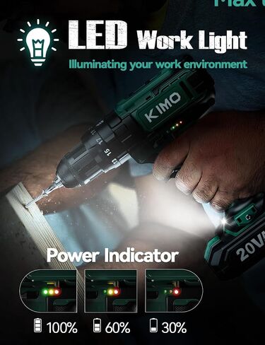 KIMO Cordless Hammer Drill Set with 20V 2.0Ah Battery 2 Packs, 21+3 Position, 0-1350 RPM, Max 350 In-lb Torque, 3/8" Keyless Chuck, 14pcs Accessories, Power Drill for Drilling Wood Bricks Walls Metal in Kuwait