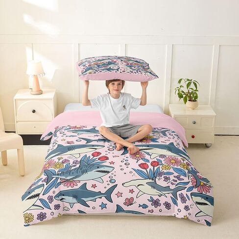 Feelyou Shark Duvet Cover Toddler Size Nature Theme Pink Comforter Cover for Boys Girls Marine Life Sealife Bedding Set 2Pcs Room Decor in Kuwait