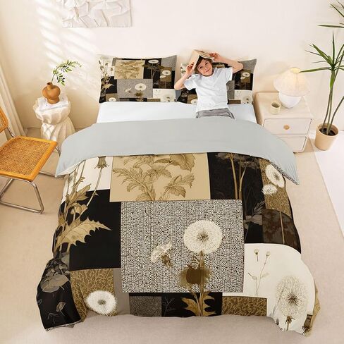 Boho Floral Duvet Cover Set Toddler Size,Dandelion Flower Leaves Bedding Set 2pcs,Retro Botanical Quilt Cover with Zipper Closure,Patchwork Brown Plaid Kids Room Decor, 1 Pillowcase,No Comforter in Kuwait