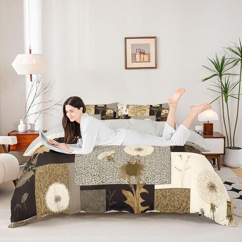 Boho Floral Duvet Cover Set Toddler Size,Dandelion Flower Leaves Bedding Set 2pcs,Retro Botanical Quilt Cover with Zipper Closure,Patchwork Brown Plaid Kids Room Decor, 1 Pillowcase,No Comforter in Kuwait