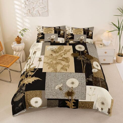 Boho Floral Duvet Cover Set Toddler Size,Dandelion Flower Leaves Bedding Set 2pcs,Retro Botanical Quilt Cover with Zipper Closure,Patchwork Brown Plaid Kids Room Decor, 1 Pillowcase,No Comforter in Kuwait