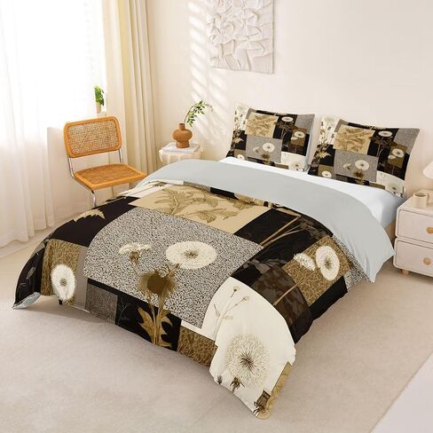 Boho Floral Duvet Cover Set Toddler Size,Dandelion Flower Leaves Bedding Set 2pcs,Retro Botanical Quilt Cover with Zipper Closure,Patchwork Brown Plaid Kids Room Decor, 1 Pillowcase,No Comforter in Kuwait
