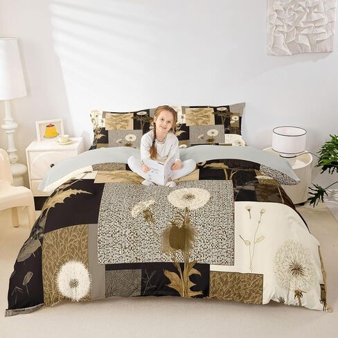 Boho Floral Duvet Cover Set Toddler Size,Dandelion Flower Leaves Bedding Set 2pcs,Retro Botanical Quilt Cover with Zipper Closure,Patchwork Brown Plaid Kids Room Decor, 1 Pillowcase,No Comforter in Kuwait