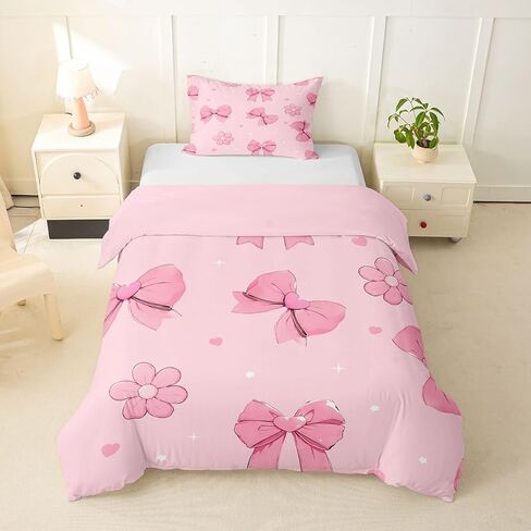 Erosebridal Pink Bows Toddler Comforter Cover Girly Bowknot Duvet Cover for Kids Teens Pink Bows Bedding Set Bow Ribbon Heart Pattern Flower Bed Set with Zipper in Kuwait