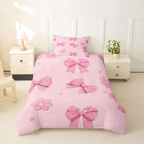Erosebridal Pink Bows Toddler Comforter Cover Girly Bowknot Duvet Cover for Kids Teens Pink Bows Bedding Set Bow Ribbon Heart Pattern Flower Bed Set with Zipper in Kuwait