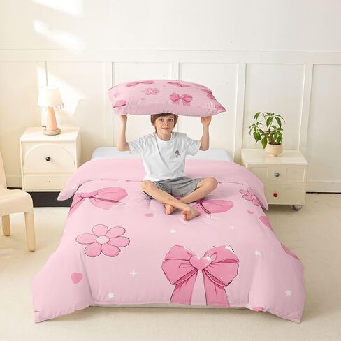 Erosebridal Pink Bows Toddler Comforter Cover Girly Bowknot Duvet Cover for Kids Teens Pink Bows Bedding Set Bow Ribbon Heart Pattern Flower Bed Set with Zipper in Kuwait