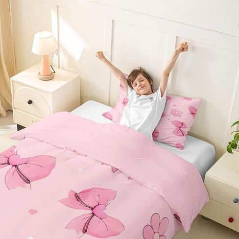 Erosebridal Pink Bows Toddler Comforter Cover Girly Bowknot Duvet Cover for Kids Teens Pink Bows Bedding Set Bow Ribbon Heart Pattern Flower Bed Set with Zipper in Kuwait