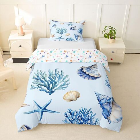 Erosebridal Coral Duvet Cover Toddler Size Seashell Bedding Set for Kids Boys Girls Conch Starfish Marine Life Comforter Cover Underwater Watercolor Ocean Bedclothes in Kuwait