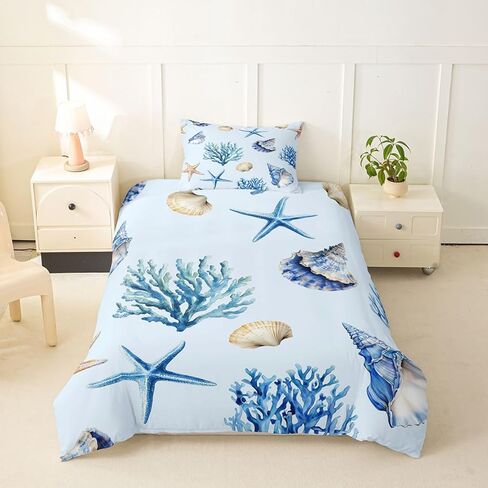 Erosebridal Coral Duvet Cover Toddler Size Seashell Bedding Set for Kids Boys Girls Conch Starfish Marine Life Comforter Cover Underwater Watercolor Ocean Bedclothes in Kuwait