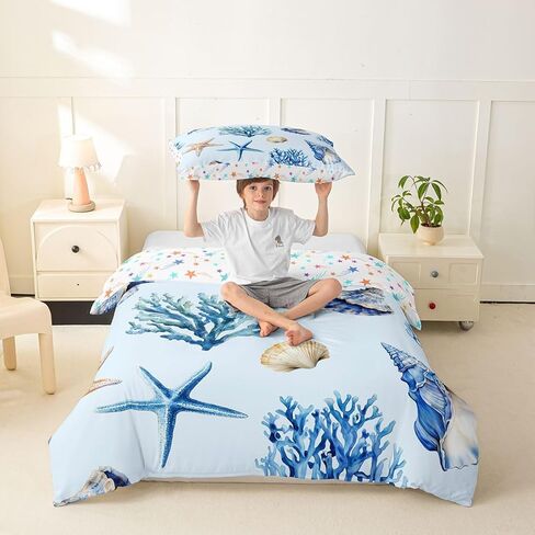 Erosebridal Coral Duvet Cover Toddler Size Seashell Bedding Set for Kids Boys Girls Conch Starfish Marine Life Comforter Cover Underwater Watercolor Ocean Bedclothes in Kuwait
