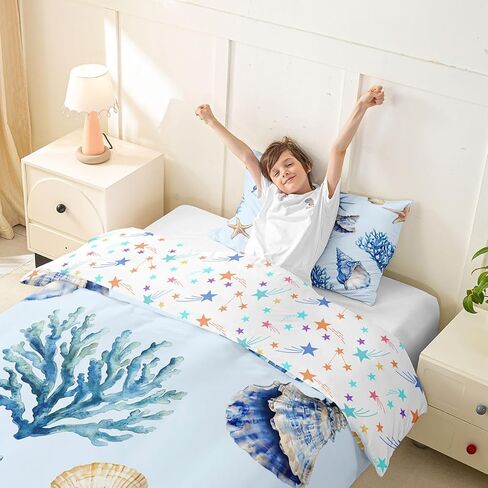 Erosebridal Coral Duvet Cover Toddler Size Seashell Bedding Set for Kids Boys Girls Conch Starfish Marine Life Comforter Cover Underwater Watercolor Ocean Bedclothes in Kuwait