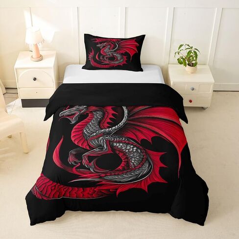 Feelyou Dragon Duvet Cover Toddler Size Wild Life Comforter Cover for Boys Girls Jungle Dragon Bedding Set 2Pcs Red Black Room Decor in Kuwait