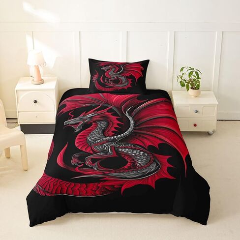 Feelyou Dragon Duvet Cover Toddler Size Wild Life Comforter Cover for Boys Girls Jungle Dragon Bedding Set 2Pcs Red Black Room Decor in Kuwait