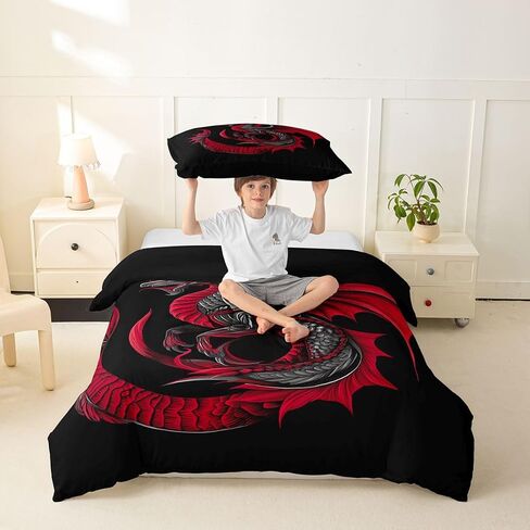 Feelyou Dragon Duvet Cover Toddler Size Wild Life Comforter Cover for Boys Girls Jungle Dragon Bedding Set 2Pcs Red Black Room Decor in Kuwait