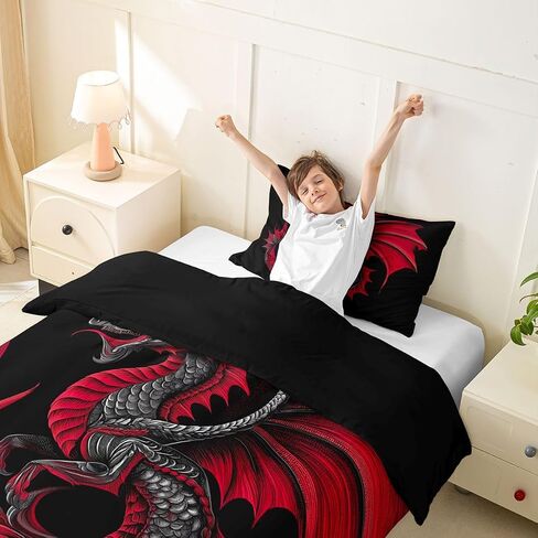 Feelyou Dragon Duvet Cover Toddler Size Wild Life Comforter Cover for Boys Girls Jungle Dragon Bedding Set 2Pcs Red Black Room Decor in Kuwait
