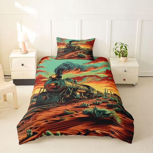 Feelyou Train Duvet Cover Toddler Size Colorful Steam Engine Comforter Cover for Boys Girls Transportation Vehicle Bedding Set 2Pcs Train Transportation Room Decor Industrial Revolution in Kuwait