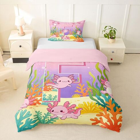 Erosebridal Cute Axolotl Girls Duvet Cover Toddler Size Monogram Letter F Comforter Cover Pink Cartoon Salamander Bedding Set for Kids Children Women Bedroom Decor Kawaii Ocean Animal Bed Set in Kuwait