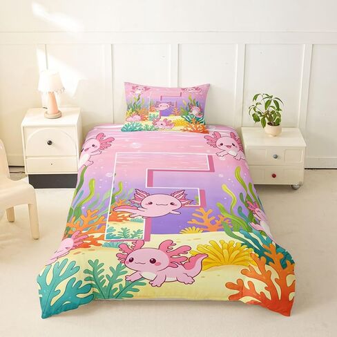 Erosebridal Cute Axolotl Girls Duvet Cover Toddler Size Monogram Letter F Comforter Cover Pink Cartoon Salamander Bedding Set for Kids Children Women Bedroom Decor Kawaii Ocean Animal Bed Set in Kuwait