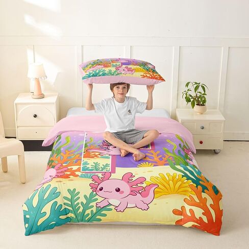 Erosebridal Cute Axolotl Girls Duvet Cover Toddler Size Monogram Letter F Comforter Cover Pink Cartoon Salamander Bedding Set for Kids Children Women Bedroom Decor Kawaii Ocean Animal Bed Set in Kuwait