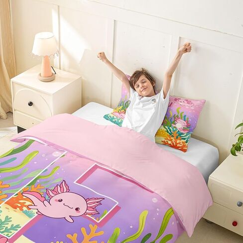 Erosebridal Cute Axolotl Girls Duvet Cover Toddler Size Monogram Letter F Comforter Cover Pink Cartoon Salamander Bedding Set for Kids Children Women Bedroom Decor Kawaii Ocean Animal Bed Set in Kuwait