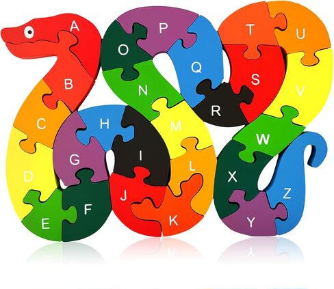 LovesTown Wooden Double Sided Snake Puzzle | Alphabet & Numbers, Montessori Educational, Chunky Animal Design, For Toddlers, Great Learning Gift in Kuwait