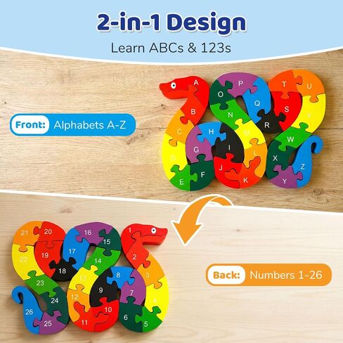 LovesTown Wooden Double Sided Snake Puzzle | Alphabet & Numbers, Montessori Educational, Chunky Animal Design, For Toddlers, Great Learning Gift in Kuwait