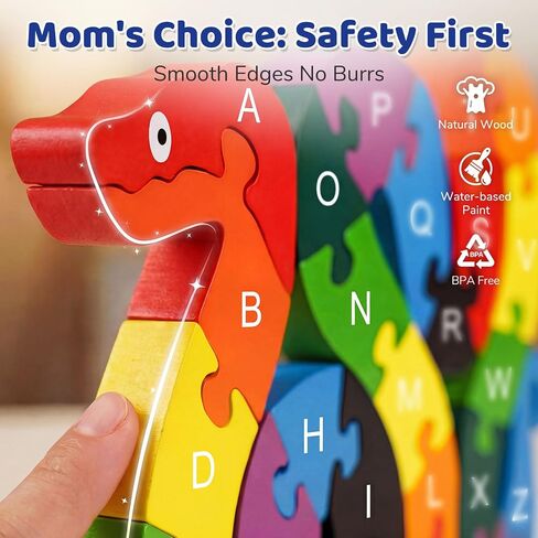 LovesTown Wooden Double Sided Snake Puzzle | Alphabet & Numbers, Montessori Educational, Chunky Animal Design, For Toddlers, Great Learning Gift in Kuwait