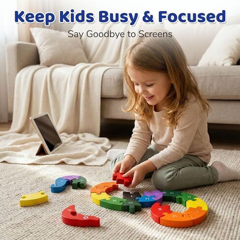 LovesTown Wooden Double Sided Snake Puzzle | Alphabet & Numbers, Montessori Educational, Chunky Animal Design, For Toddlers, Great Learning Gift in Kuwait