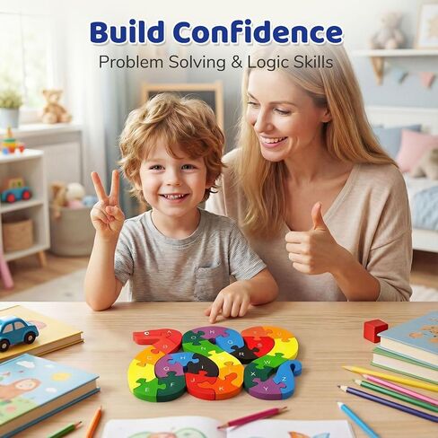 LovesTown Wooden Double Sided Snake Puzzle | Alphabet & Numbers, Montessori Educational, Chunky Animal Design, For Toddlers, Great Learning Gift in Kuwait