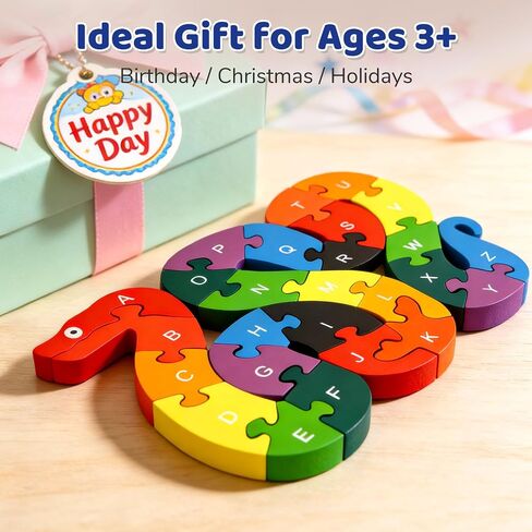 LovesTown Wooden Double Sided Snake Puzzle | Alphabet & Numbers, Montessori Educational, Chunky Animal Design, For Toddlers, Great Learning Gift in Kuwait