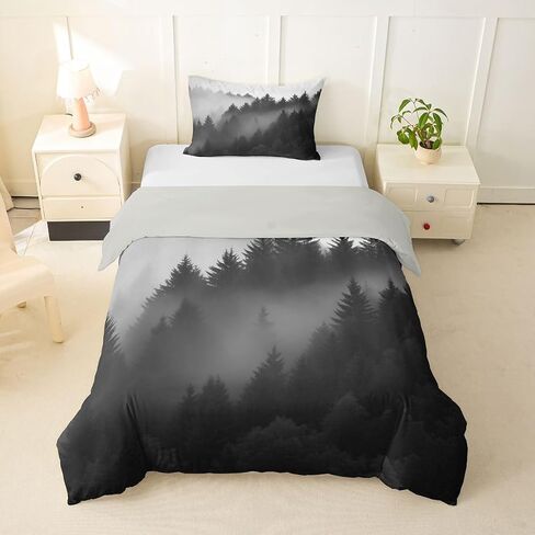 Erosebridal Forest Mountain Toddler Bedding Set For Girls Gray Nature Landscape Comforter Cover For Kids Teens Youth Adult Misty Pine Tree Duvet Cover Foggy Rustic Woodland Bed Sets With 1 Pillow Case in Kuwait