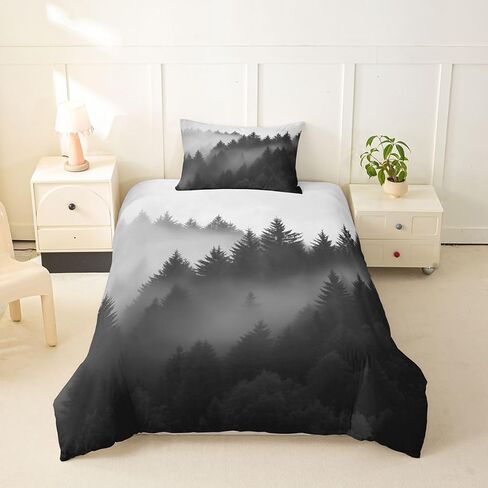 Erosebridal Forest Mountain Toddler Bedding Set For Girls Gray Nature Landscape Comforter Cover For Kids Teens Youth Adult Misty Pine Tree Duvet Cover Foggy Rustic Woodland Bed Sets With 1 Pillow Case in Kuwait