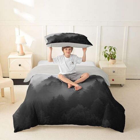 Erosebridal Forest Mountain Toddler Bedding Set For Girls Gray Nature Landscape Comforter Cover For Kids Teens Youth Adult Misty Pine Tree Duvet Cover Foggy Rustic Woodland Bed Sets With 1 Pillow Case in Kuwait