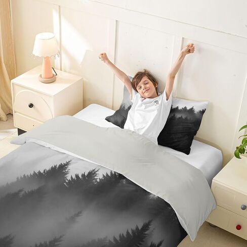 Erosebridal Forest Mountain Toddler Bedding Set For Girls Gray Nature Landscape Comforter Cover For Kids Teens Youth Adult Misty Pine Tree Duvet Cover Foggy Rustic Woodland Bed Sets With 1 Pillow Case in Kuwait