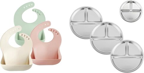 PandaEar Set of 3 Silicone Baby Bibs & 3 Pack Stainless Steel Divided Plates in Kuwait