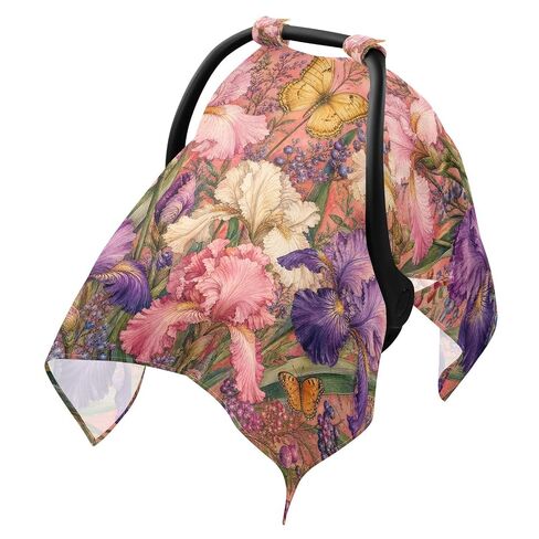 Irises Flowers Pattern Baby Car Seat Cover Stroller Canopy | Muslin-like Cotton Blend, Breathable, Multi-use, Newborn Essentials Must Haves, Fits Most Strollers, for Babies Boys Girls in Kuwait