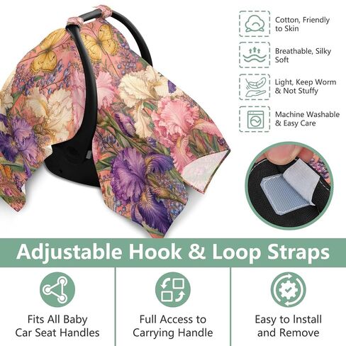 Irises Flowers Pattern Baby Car Seat Cover Stroller Canopy | Muslin-like Cotton Blend, Breathable, Multi-use, Newborn Essentials Must Haves, Fits Most Strollers, for Babies Boys Girls in Kuwait