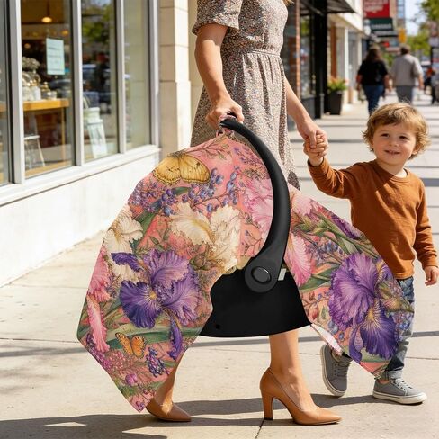 Irises Flowers Pattern Baby Car Seat Cover Stroller Canopy | Muslin-like Cotton Blend, Breathable, Multi-use, Newborn Essentials Must Haves, Fits Most Strollers, for Babies Boys Girls in Kuwait