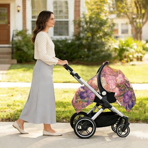 Irises Flowers Pattern Baby Car Seat Cover Stroller Canopy | Muslin-like Cotton Blend, Breathable, Multi-use, Newborn Essentials Must Haves, Fits Most Strollers, for Babies Boys Girls in Kuwait